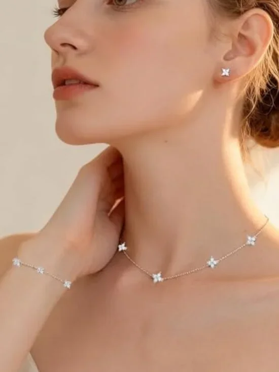 14K Silver Plated Four Leaf Bracelet Choker Necklace and Earring Jewelry Set - Picture 1 of 6